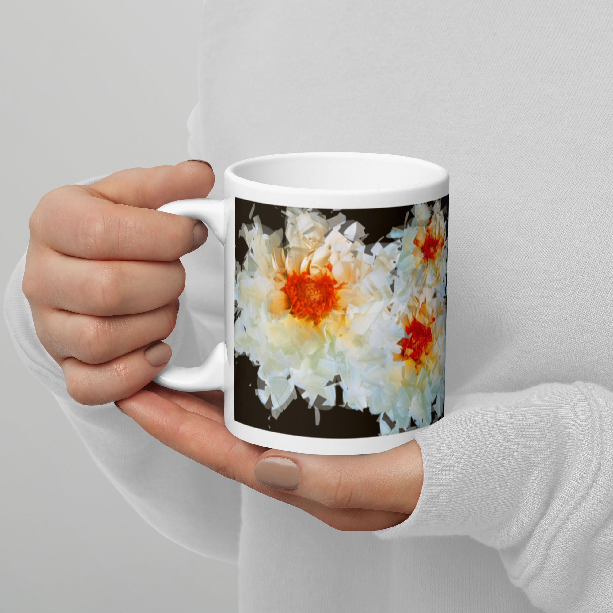 Coffee Mug | White Glossy | Photo Effect Cubist, White Flower On Yellow (ID-035)