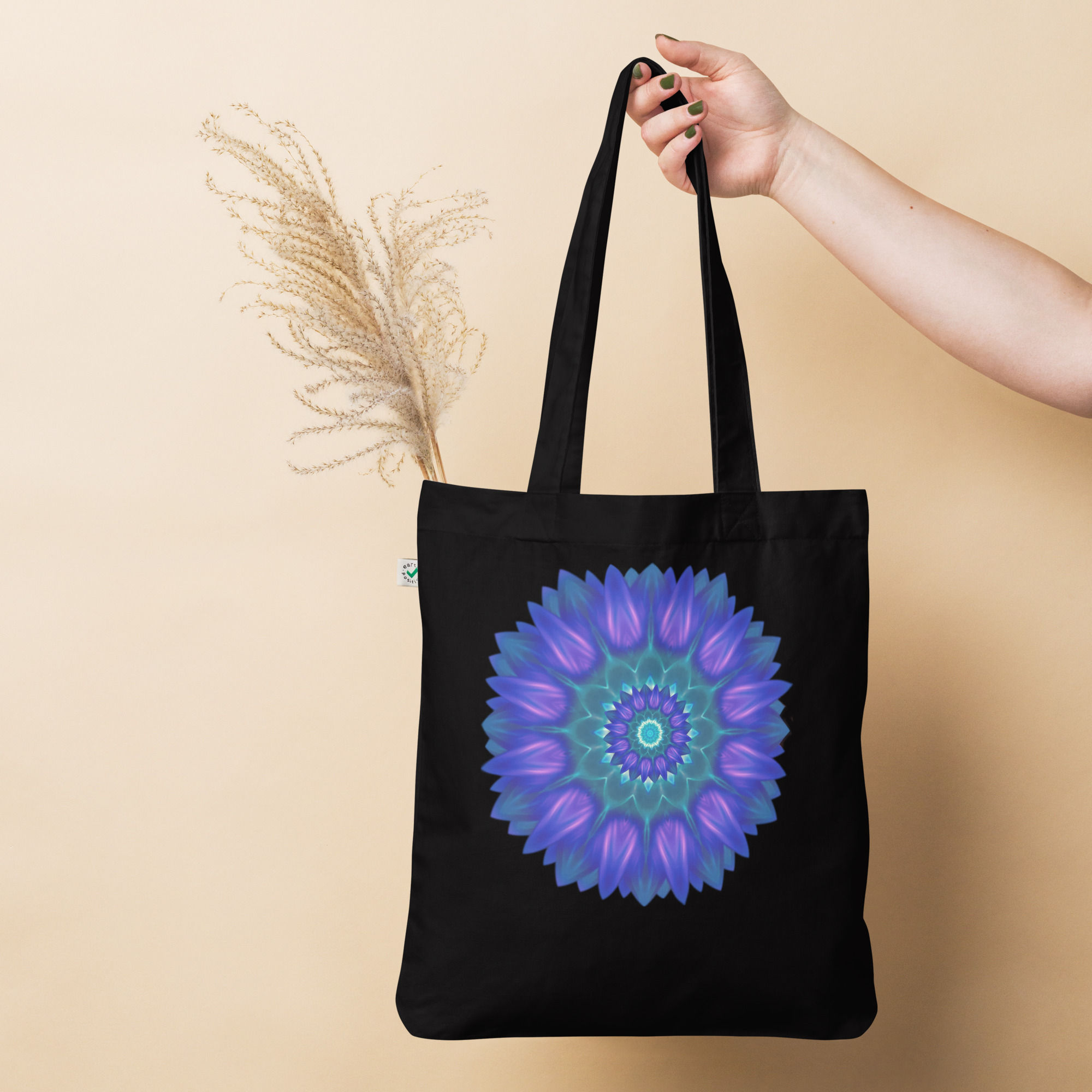 Tote Bag | Organic Fashion | Abstract Mandala, Blue Petals Sunflower (ID-179)