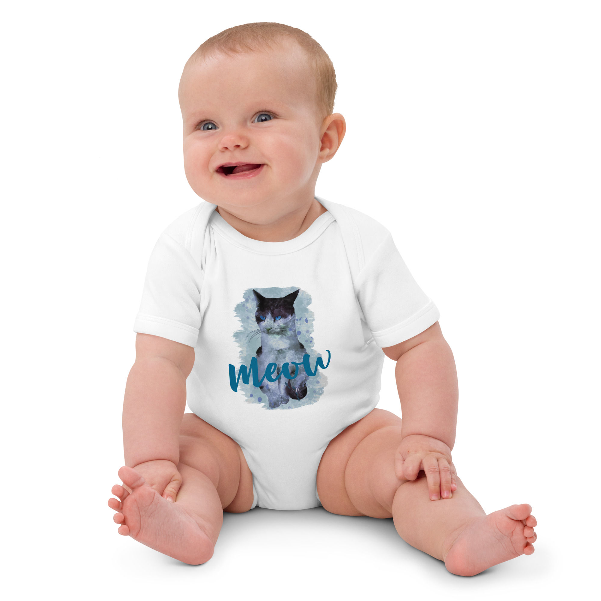 Baby Bodysuit | Organic Cotton | Digital Paint Blue Eyes Cat (ID-140)