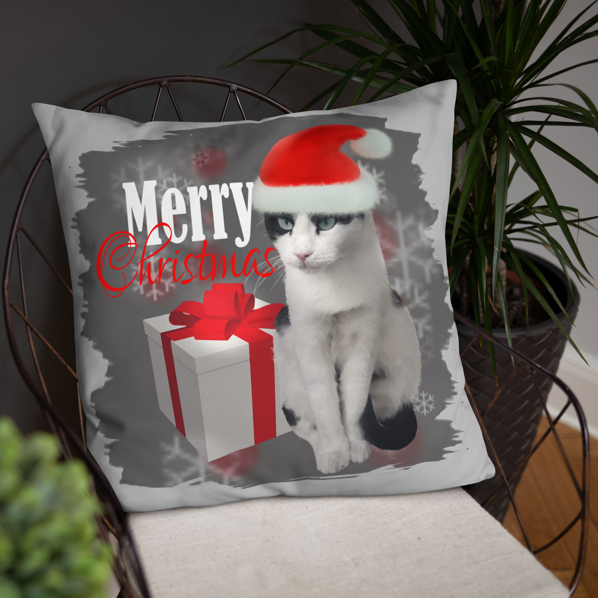 Basic Pillow | Photo Edit Holiday Cat Red Hat & Snow (ID-141)
