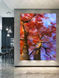 Wall art, nature digital watercolor. Twin trees red late in autumn (ID-189)