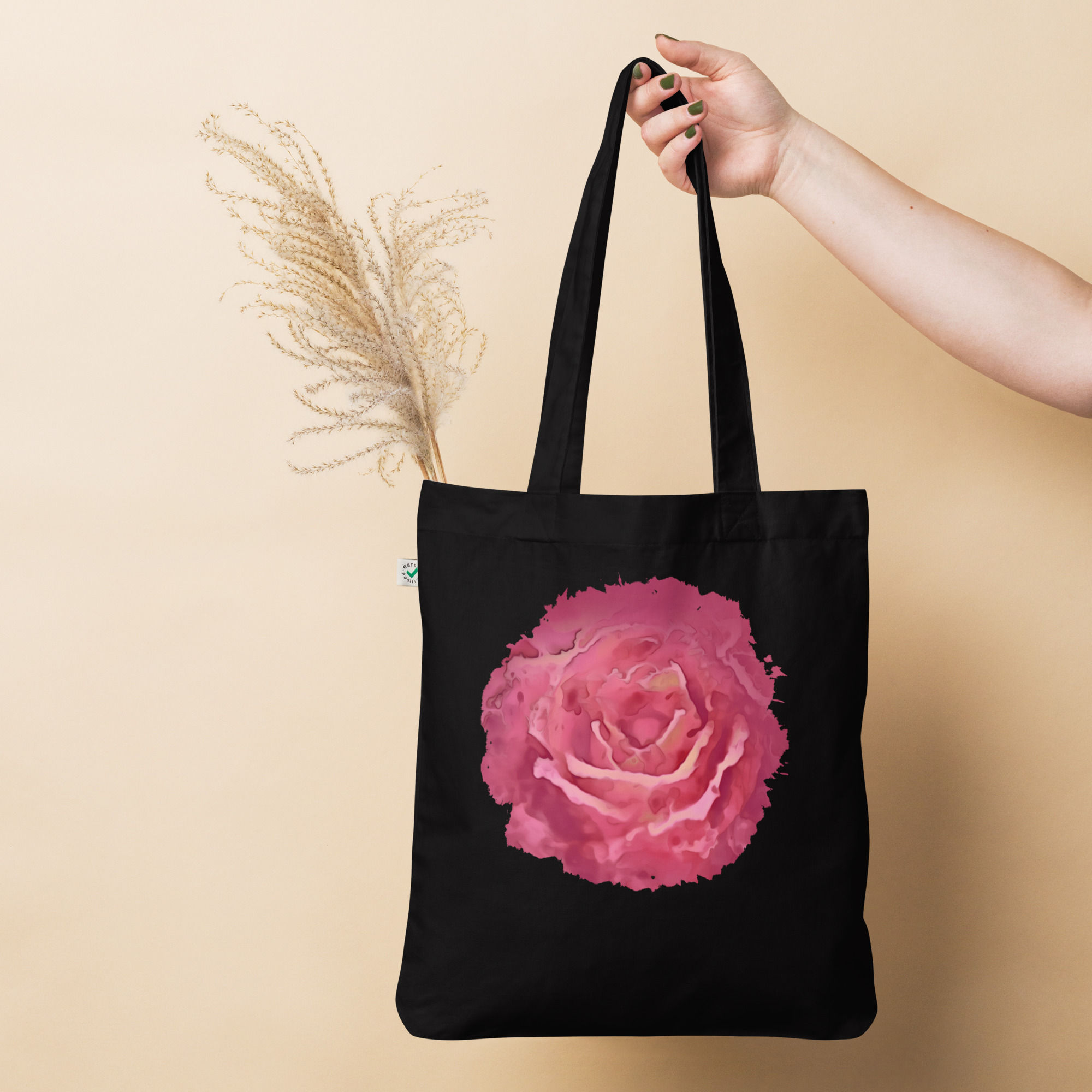 Tote Bag | Organic Fashion | Digital Paint, Red Blooming Rose (ID-079)