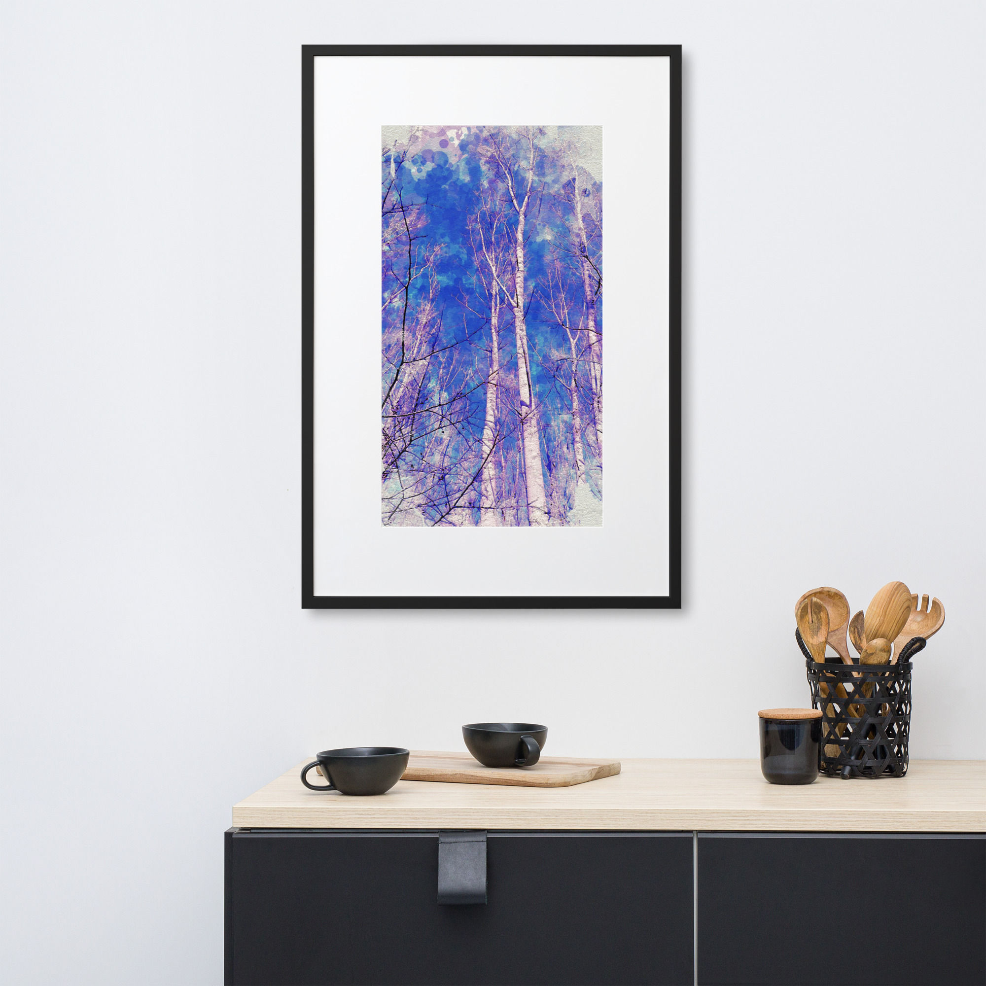 Framed Poster | Matte Paper With Mat | Digital Paint, White Trees, Blue (ID-104)