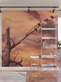 Wall art, nature enhanced photo. Winter stylized branches with birds dramatic sky (ID-14