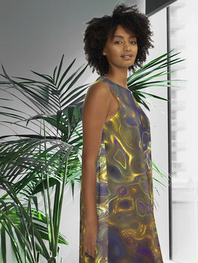 A-LINE DRESS, abstract design stylish print. Gemstone original pattern design elegant yellow violet (ID-086)