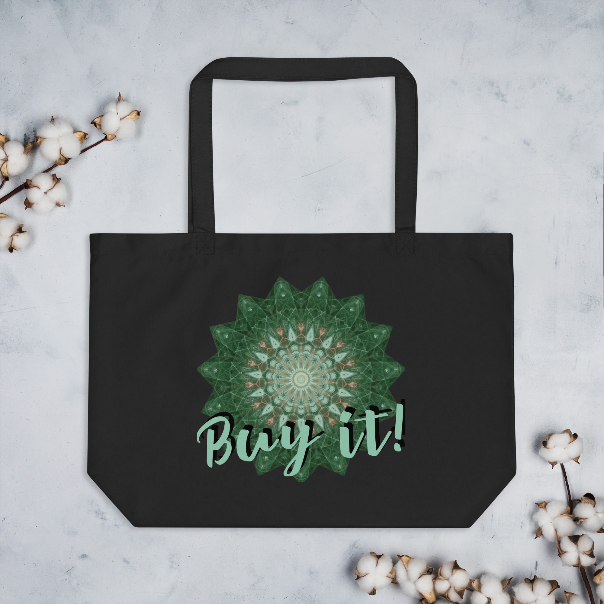 Tote Bag | Large Organic | Abstract Mandala, Thin Lines Green Elegant (ID-195)