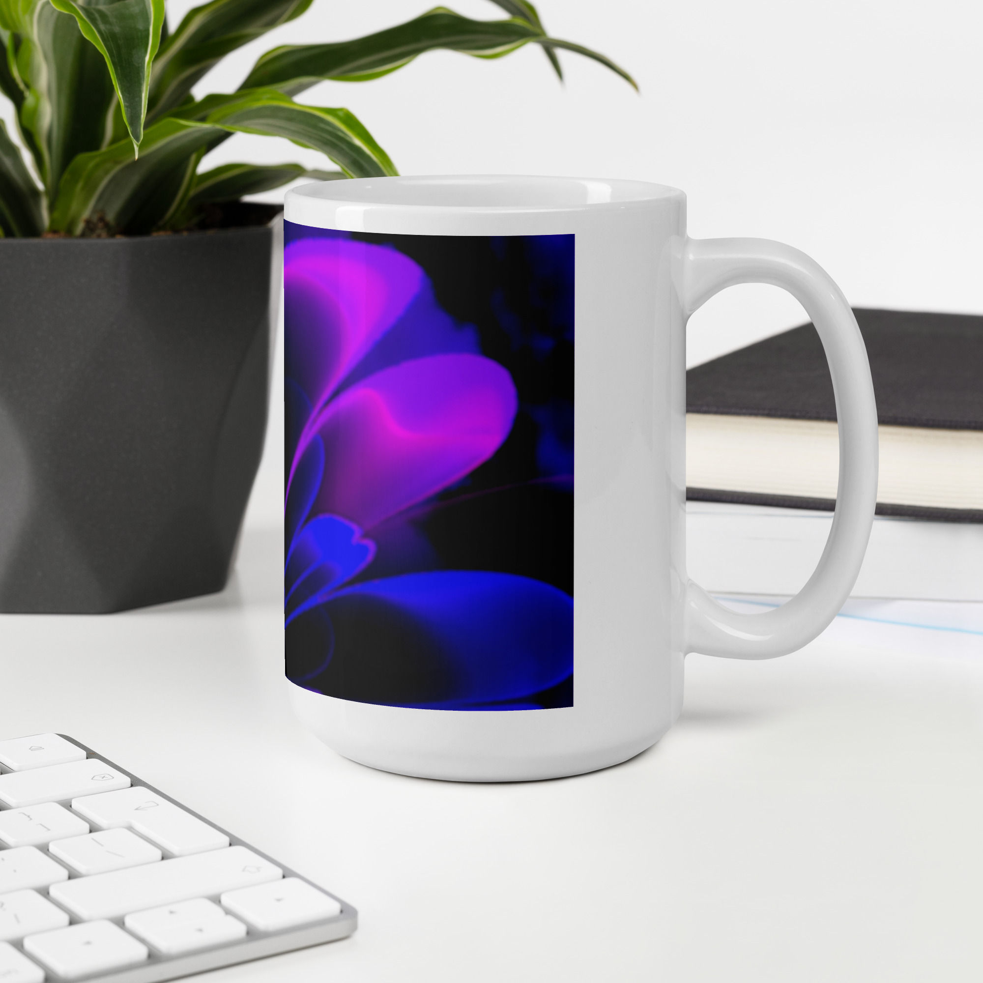 Coffee Mug | White Glossy | Abstract Fractal, Indigo Violet Petals (ID-017)
