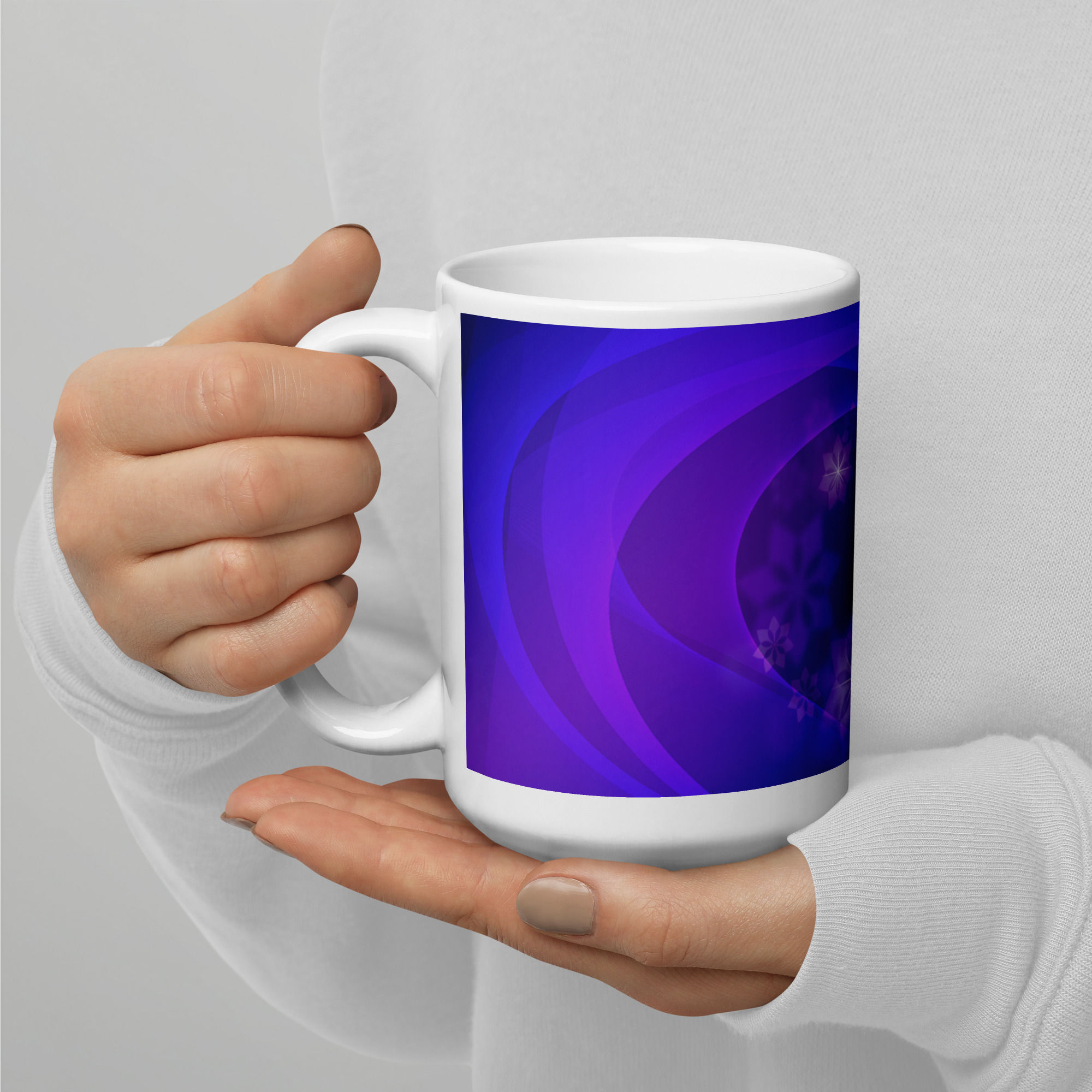 Coffee Mug | White Glossy | Abstract Shape, Indigo With Flowers (ID-010)