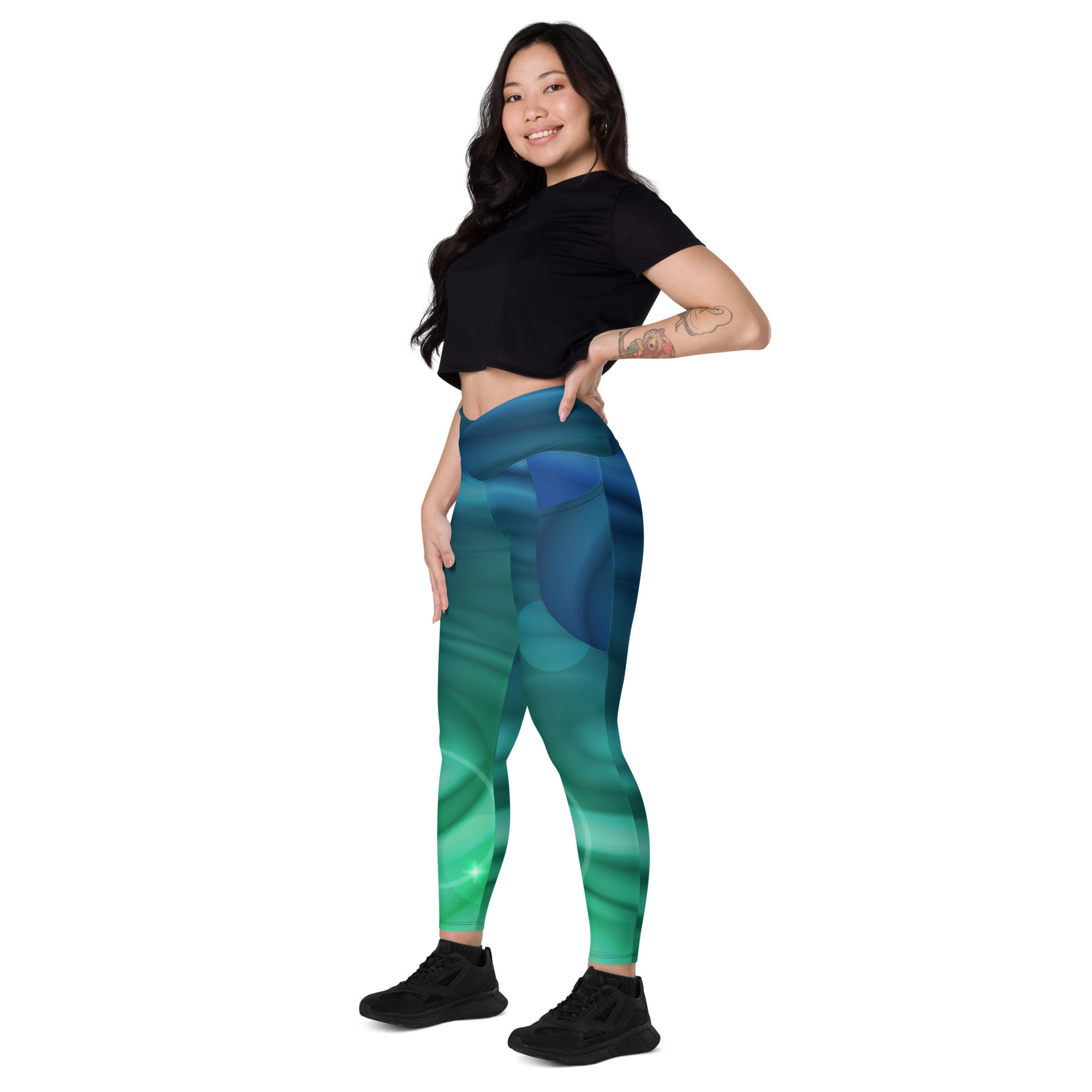 Leggings | Crossover With Pockets | Abstract Shape, Blue Green Swirl (ID-007)