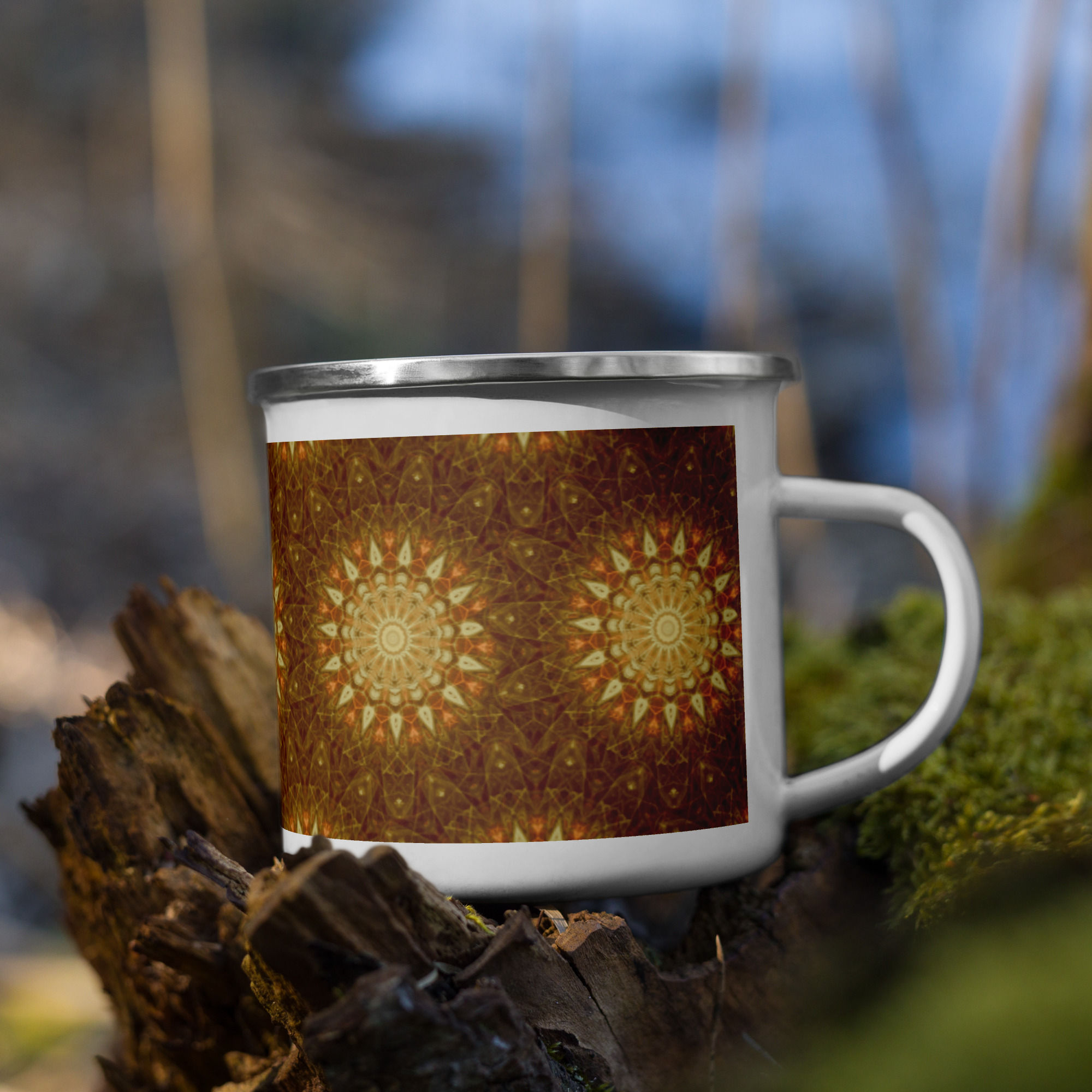 Coffee Mug | Enamel | Abstract Mandala, Thin Lines Orange Elegant (ID-194)