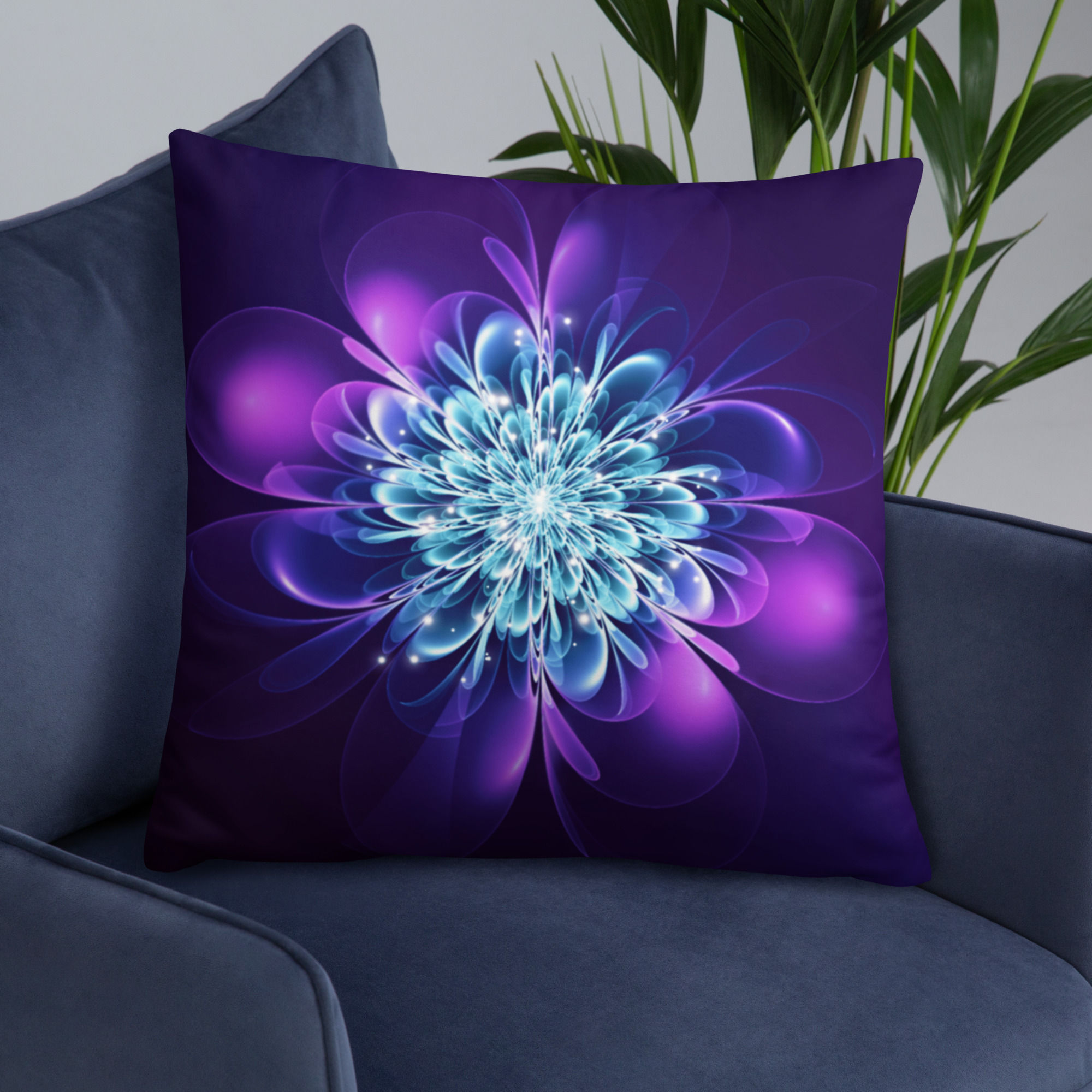 Basic Pillow | Abstract Fractal, Indigo Glowing Flower Fantastic (ID-170)