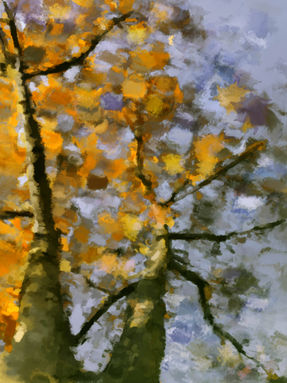 Twin Trees, Autumn, Yellow, Leaves, Digital, Painting, November, fall colors, yellow tree, orange, blue sky, painted tree, brown trunk, falling leaves, twin trees, dark branches, sunny day, light colors