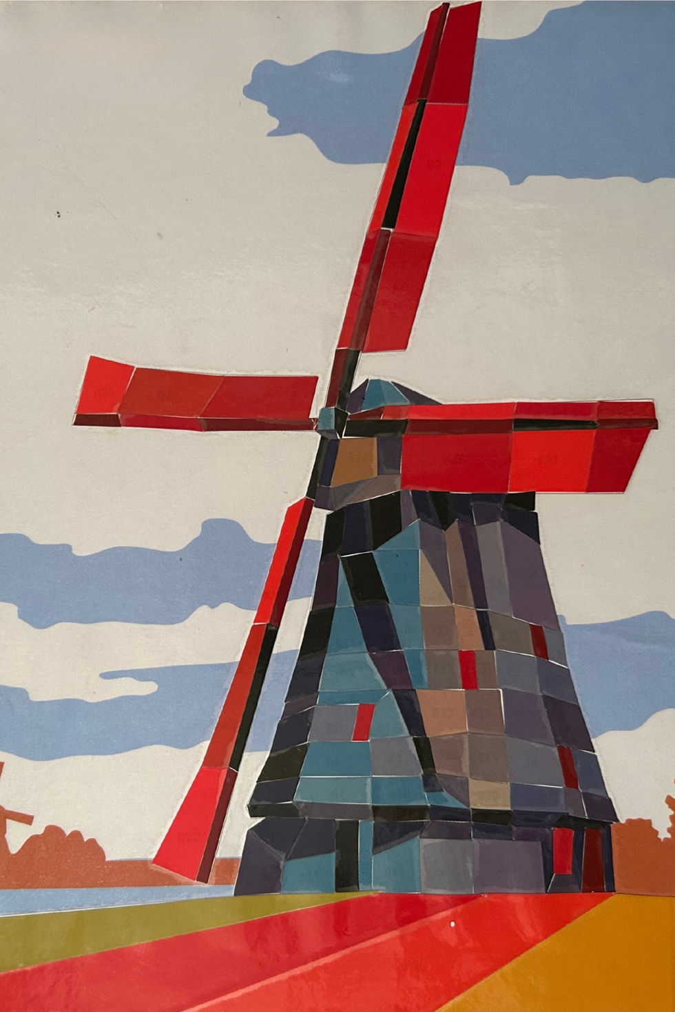 O mosiaco criado com a técnica paint with stikers ilustra um pôster vintage de viagem para a Holanda.