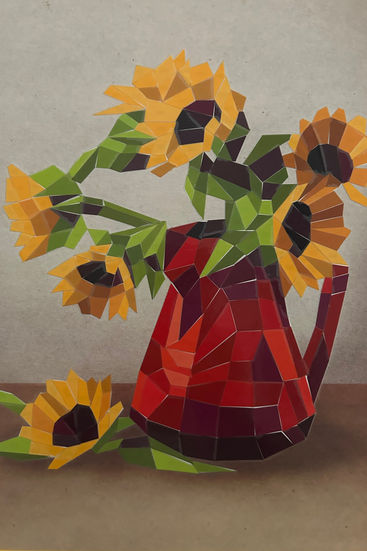 O mosaico ilustrando girassóis em vaso vermelho foi criado com a técnica paint with stickers.