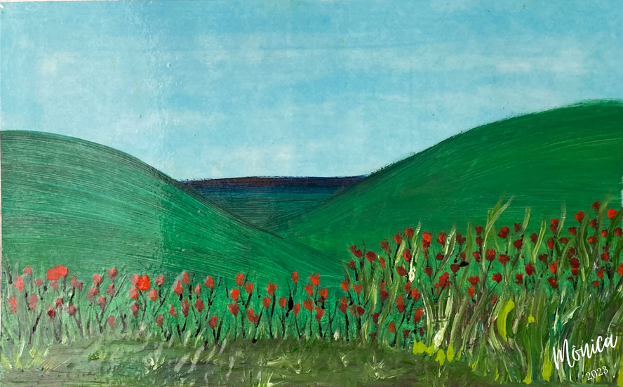 Pintura à óleo de paisagem com tulipas em papel