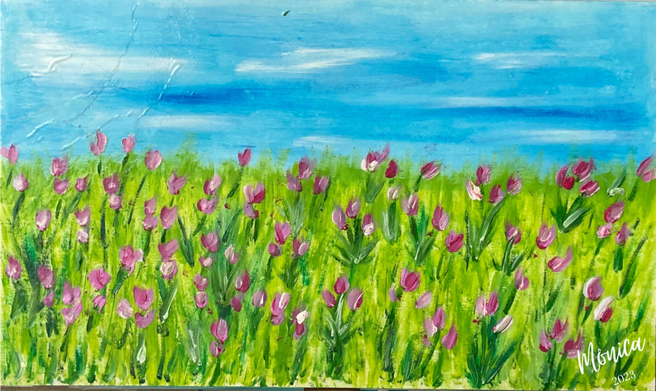 Pintura à óleo de palmas rosas em papel
