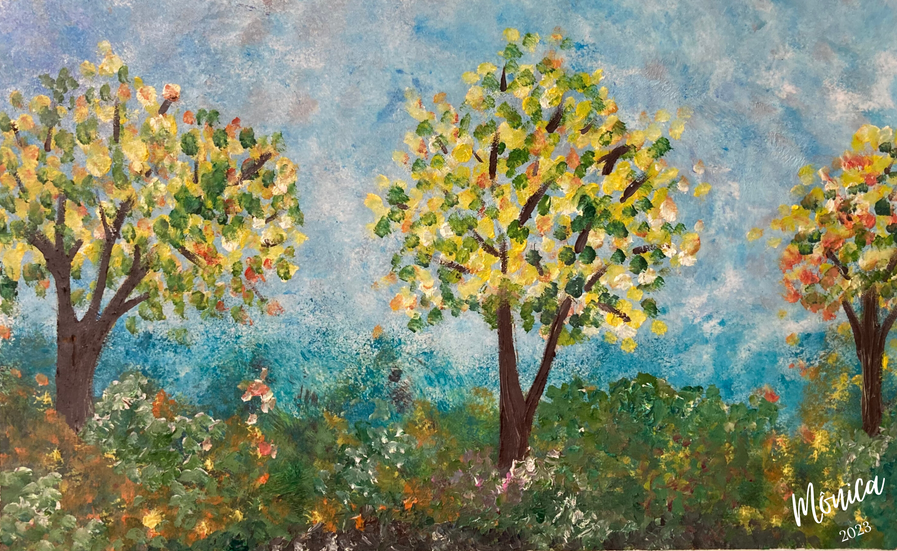 Pintura à óleo de paisagem com árvores em papel