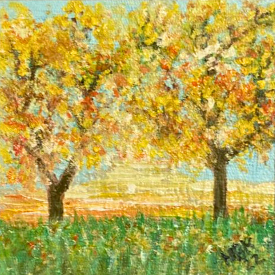 Pôr do sol por Mônica Beatriz Kolicheski, ID: ROC-2021-P003 - Pintura à óleo, 9x9 cm (2022)