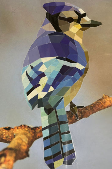 Mosiaco ilustrando um gaio azul - blue jay - foi criado com a técnica paint with stickers.
