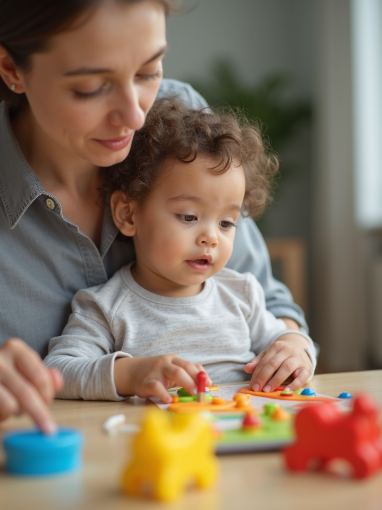 A qualified childcare professional engaging with children using modern educational materials.