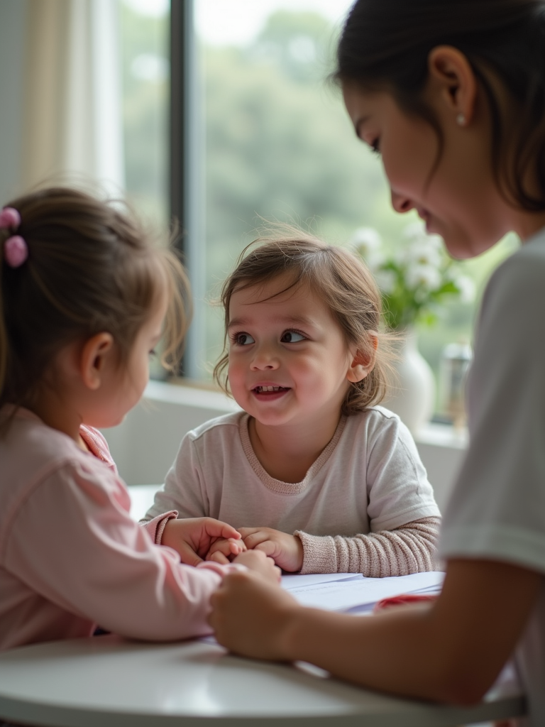 A dedicated professional caregiver engaging warmly with children during a creative workshop session.