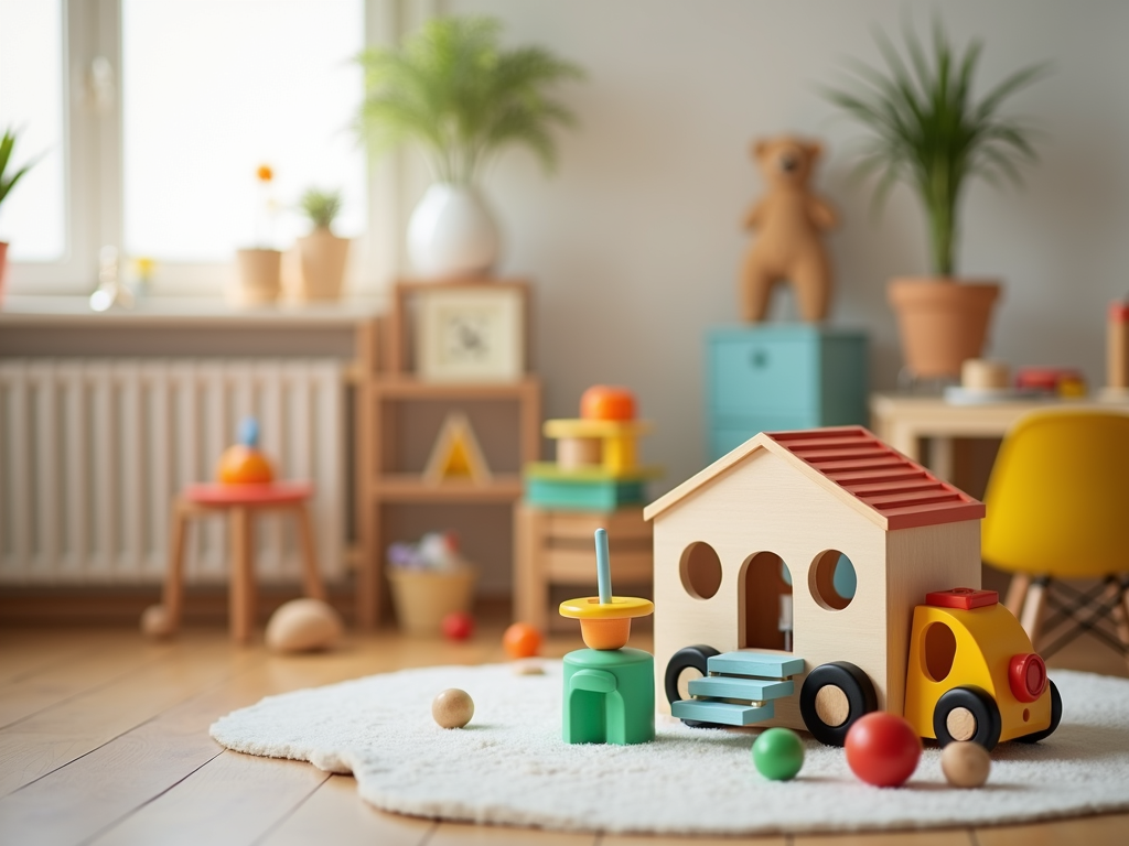 A modern and vibrant mobile crèche setup equipped with various colorful educational toys and soft flooring.