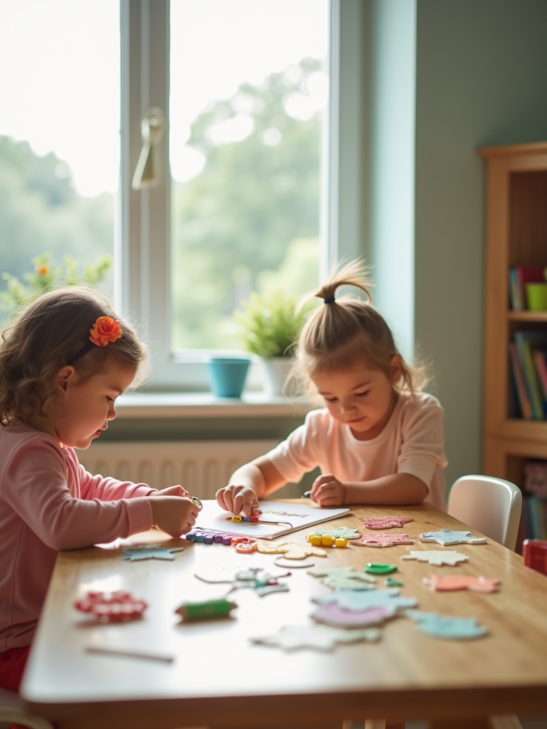A vibrant activity room filled with creative arts and crafts for children.
