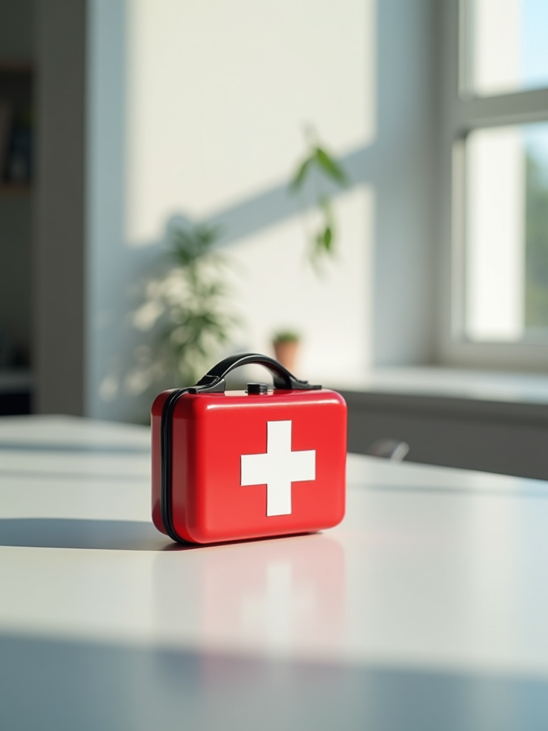 A clean and organized first aid kit positioned prominently on a wooden table, representing safety preparedness.