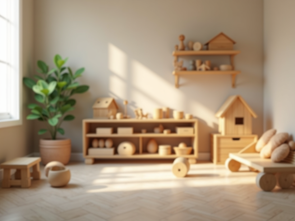 A beautifully organized and safe children's crèche environment featuring natural wooden toys.
