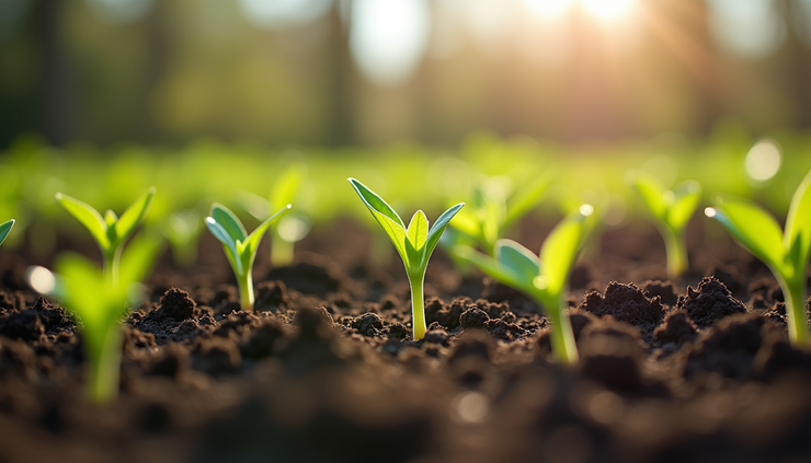 Eye-level view of a garden bed with fresh spring seedlings