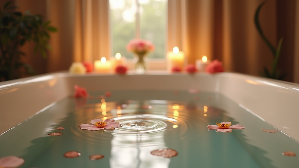 Eye-level view of a serene bath setup with candles and flowers