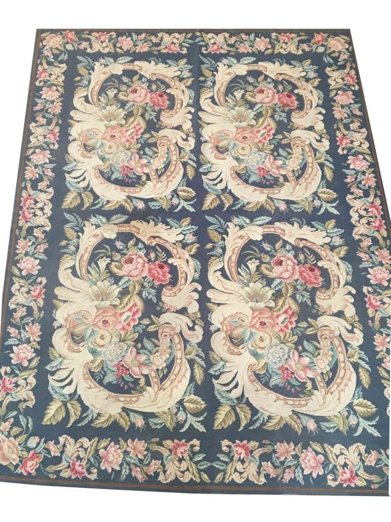 Blue Floral Needlepoint Area Rug