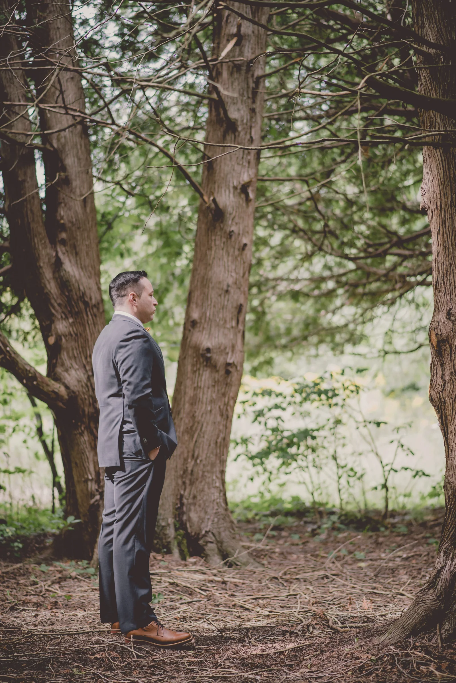 a man waits in the forest to see his bride for the first time