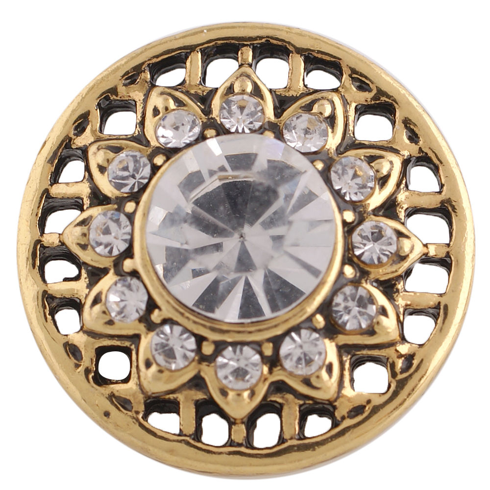 18mm/20mm Gold Circular Grid w/Clear Rhinestone Flower Snap (1820-8712C)