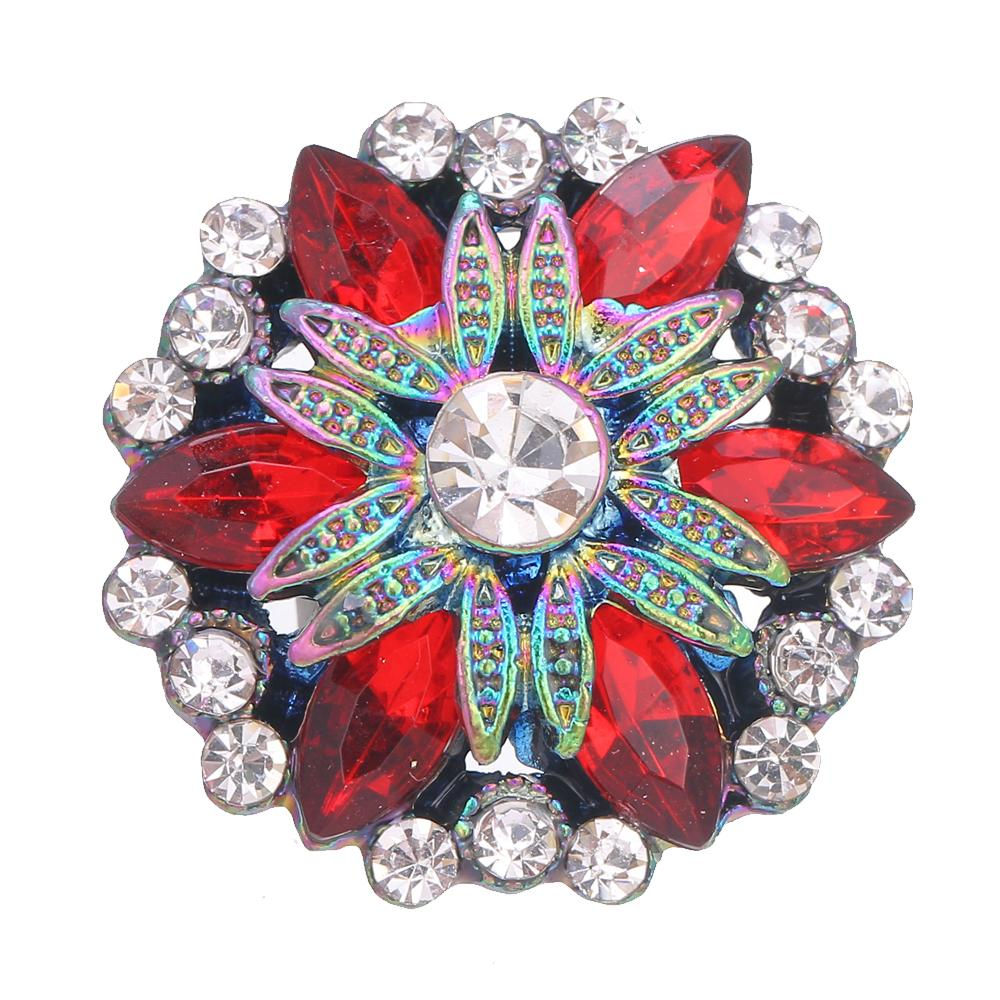 18mm/20mm Red and Clear Rhinestone on Rainbow Metal Flower Snap (1820-8690J-CO)