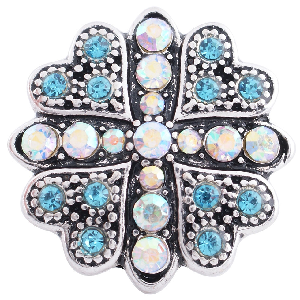 18mm/20mm Turquoise Rhinestone Cross w/Heart Corners Snap (1820-8626C)
