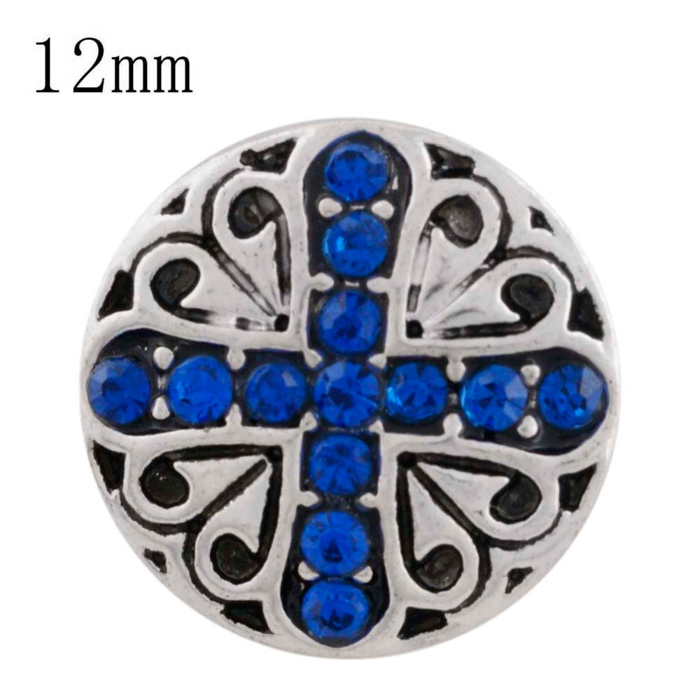 12mm Blue Rhinestone Cross w/Heart Corners Snap (12-6257P)
