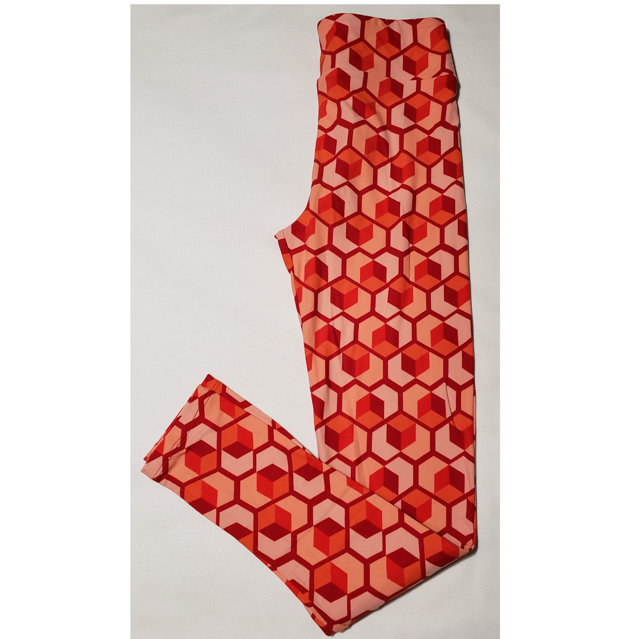 LuLaRoe Red/Peach/Orange Hearts and Cubes Leggings (9211-Youth-Small Adult)