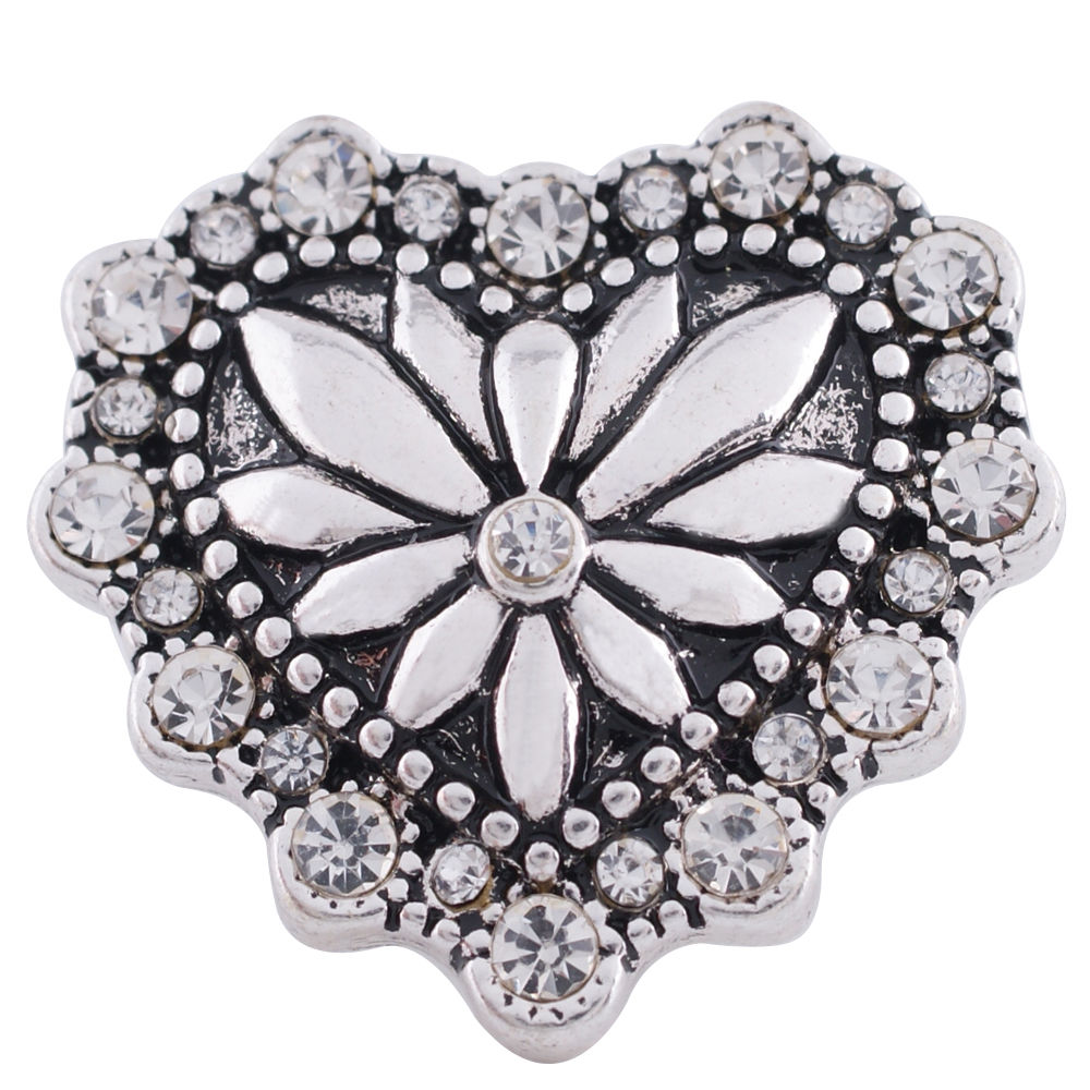 18mm20mm Metal Heart w/Flower Center & Surround by Clear Stone Snap (1820-8622C)