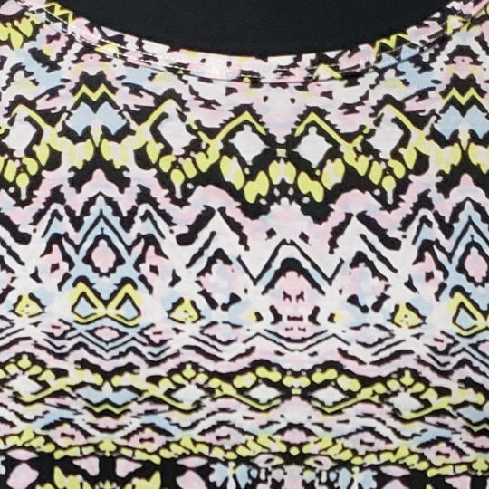 Thumbnail: LuLaRoe Irma Pink, Blue and Yellow on Black ZigZag Shirt (7125-IRMA-XSmall-E1)