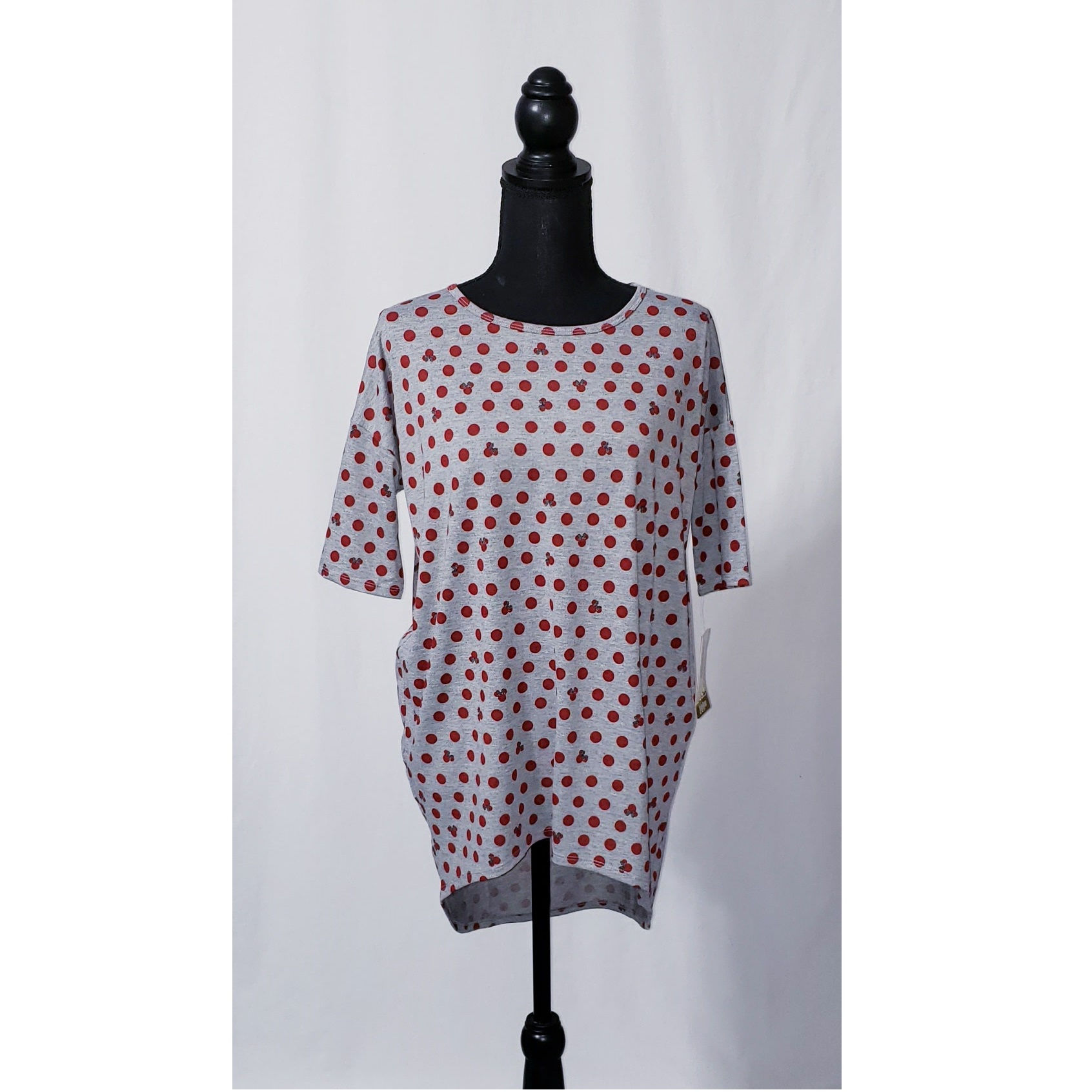 LuLaRoe Irma Disney Minnie on Grey Background Shirt (7000-IRMA-XXSMALL-E1)