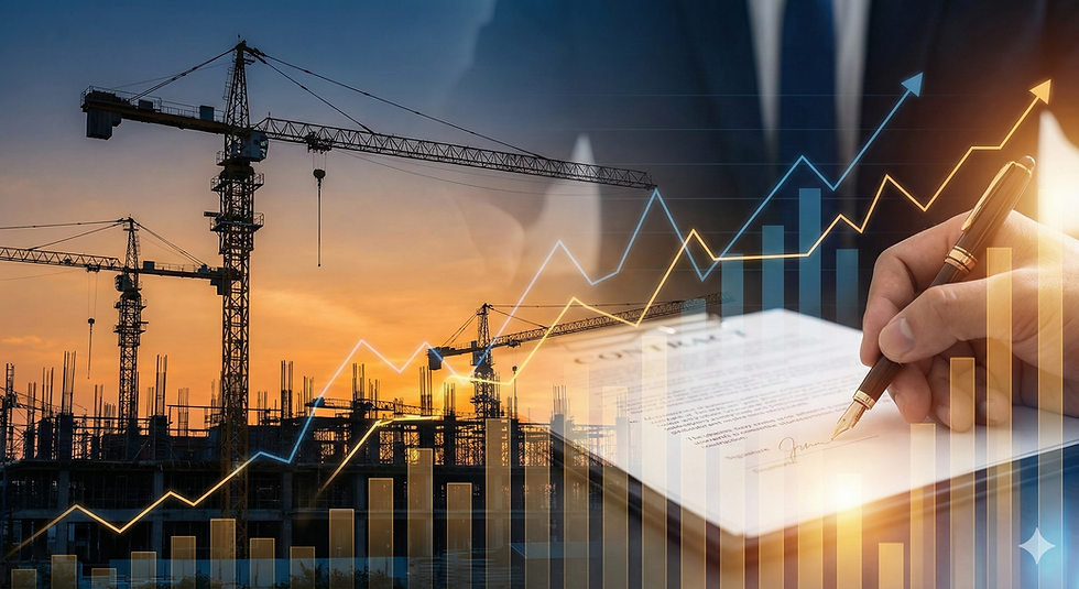 A double exposure illustration showing a hand signing an international performance bond contract, overlaid with financial growth charts and a large construction site at sunset, representing secure global trade.