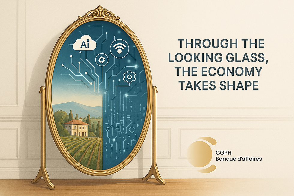 Specchio dorato in una stanza elegante riflette un paesaggio di vigneti che si trasforma in un flusso digitale di dati e icone tecnologiche, simbolo dell’economia intangibile e della connessione tra asset tangibili e digitali.