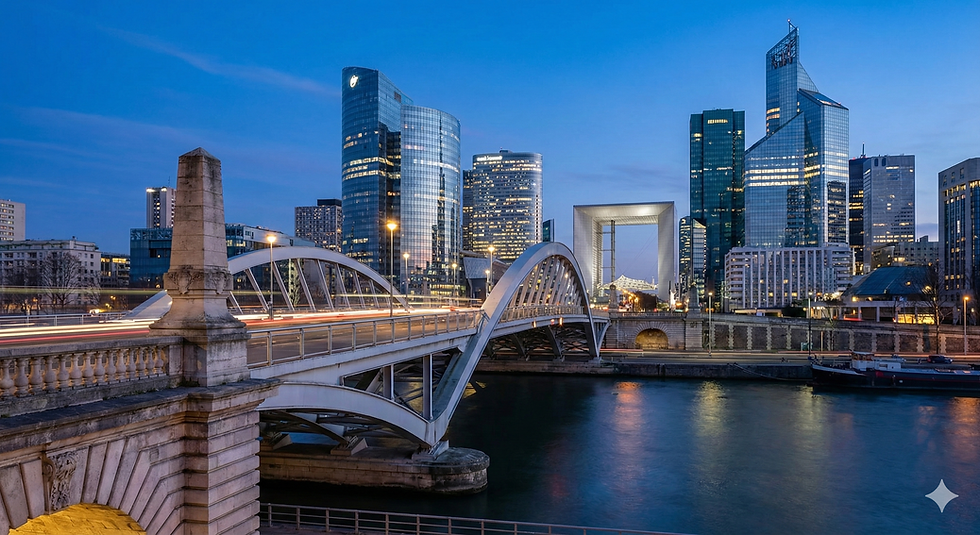 Modern bridge leading to Paris La Défense financial district symbolizing Private Debt Financing bridging the corporate liquidity gap