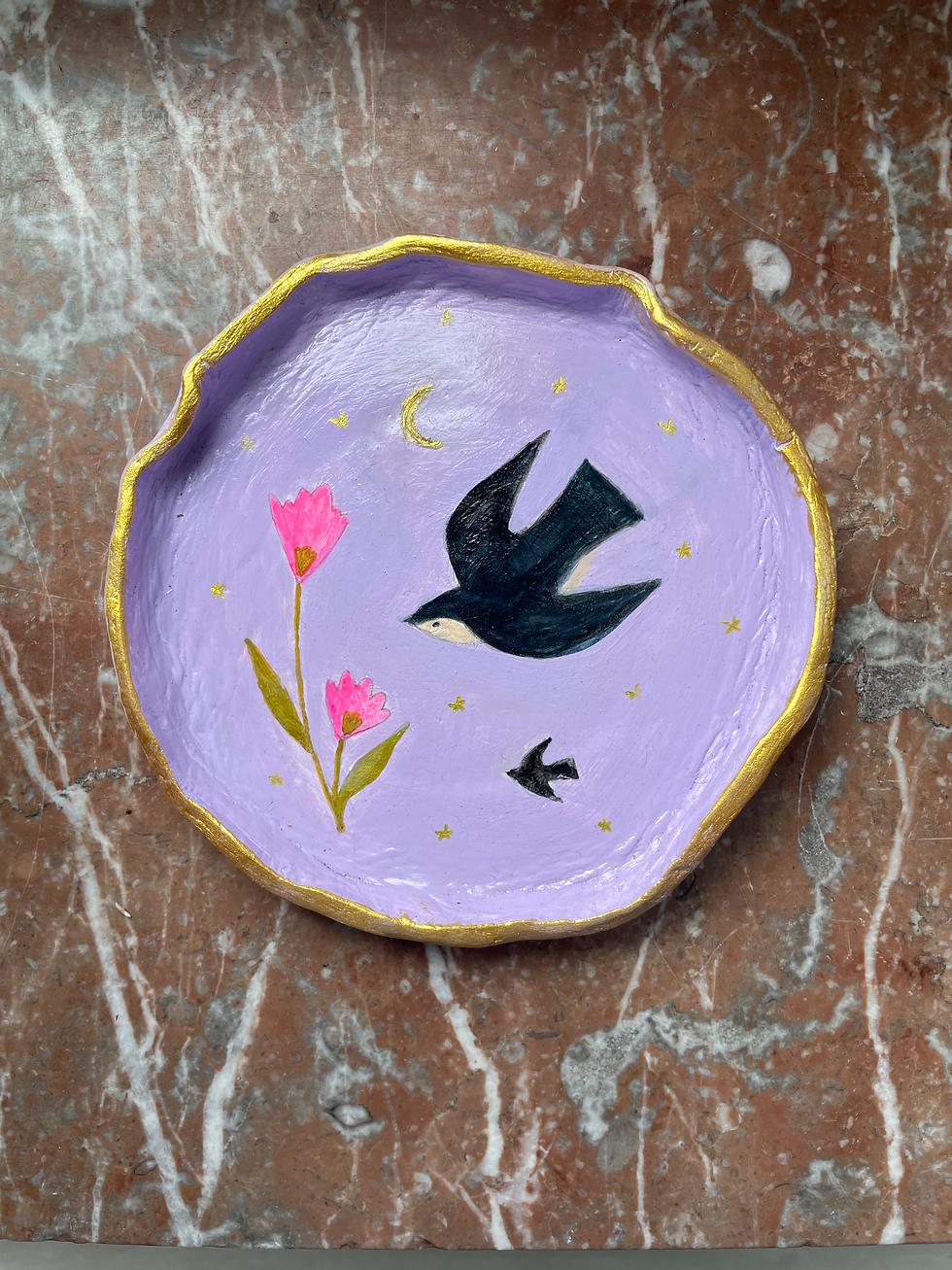 Miniature : Vide-poche "Hirondelle & fleur" peint à la main - coupelle artisanale en argile