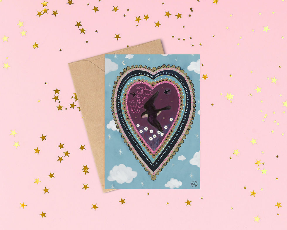 carte avec illustration d'une hirondelle dans un coeur et un fond bleu ciel avec des nuages blanc.