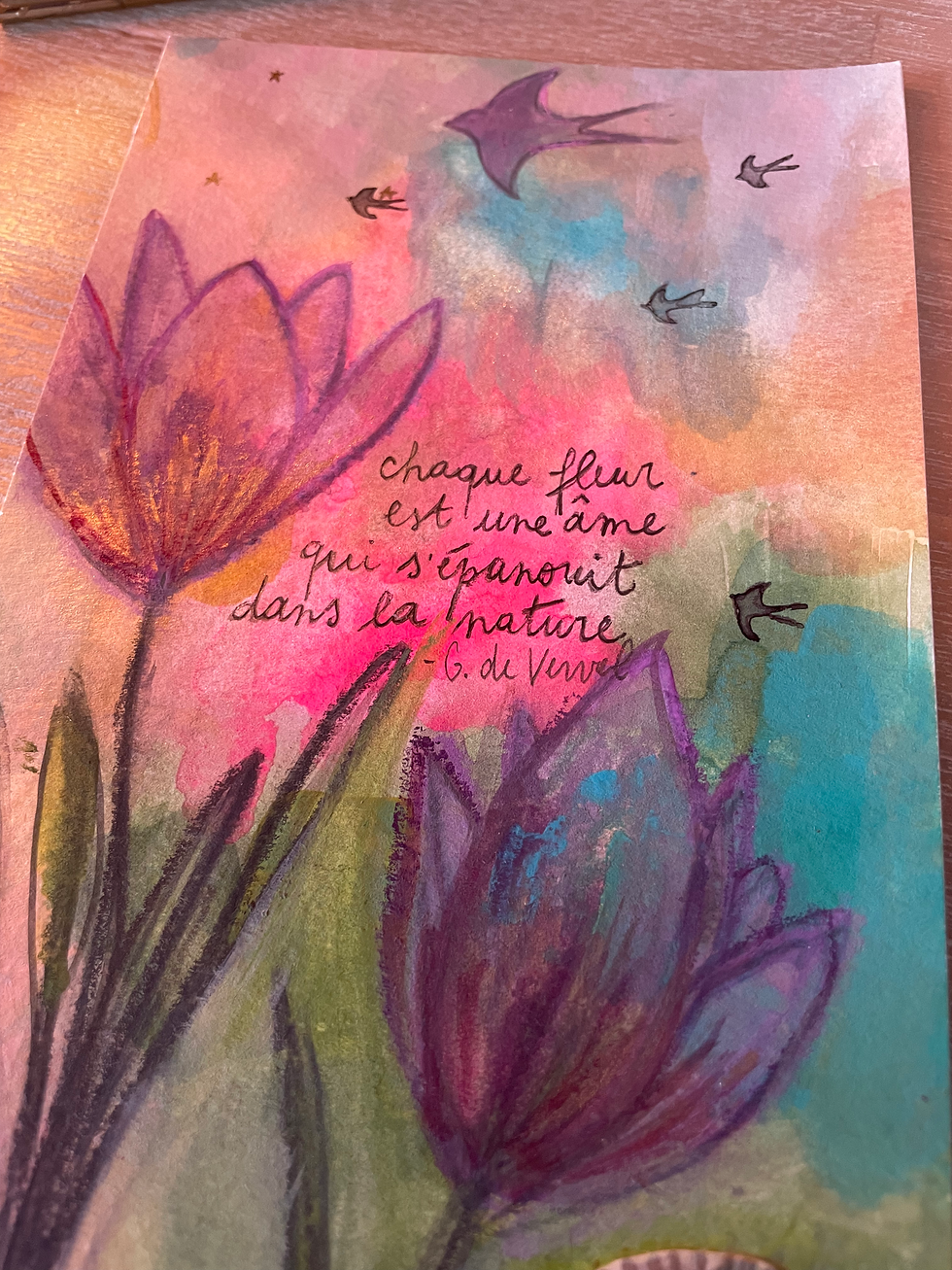 Miniature : Illustration Originale à l'Aquarelle 'Hirondelles et Fleurs'
