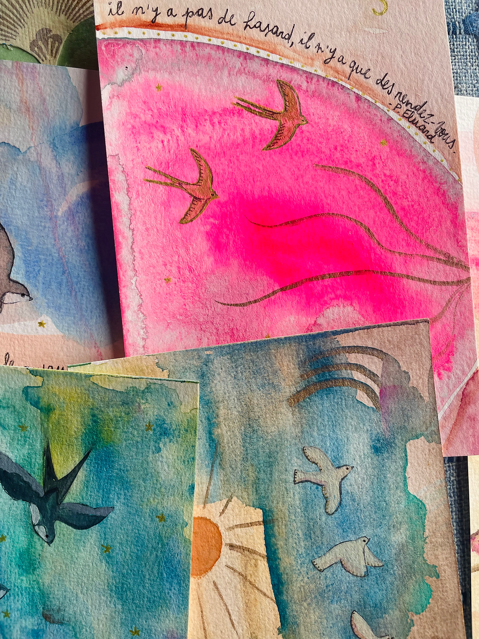 Miniature : Illustration Originale à l'Aquarelle 'Hirondelles et mots doux'