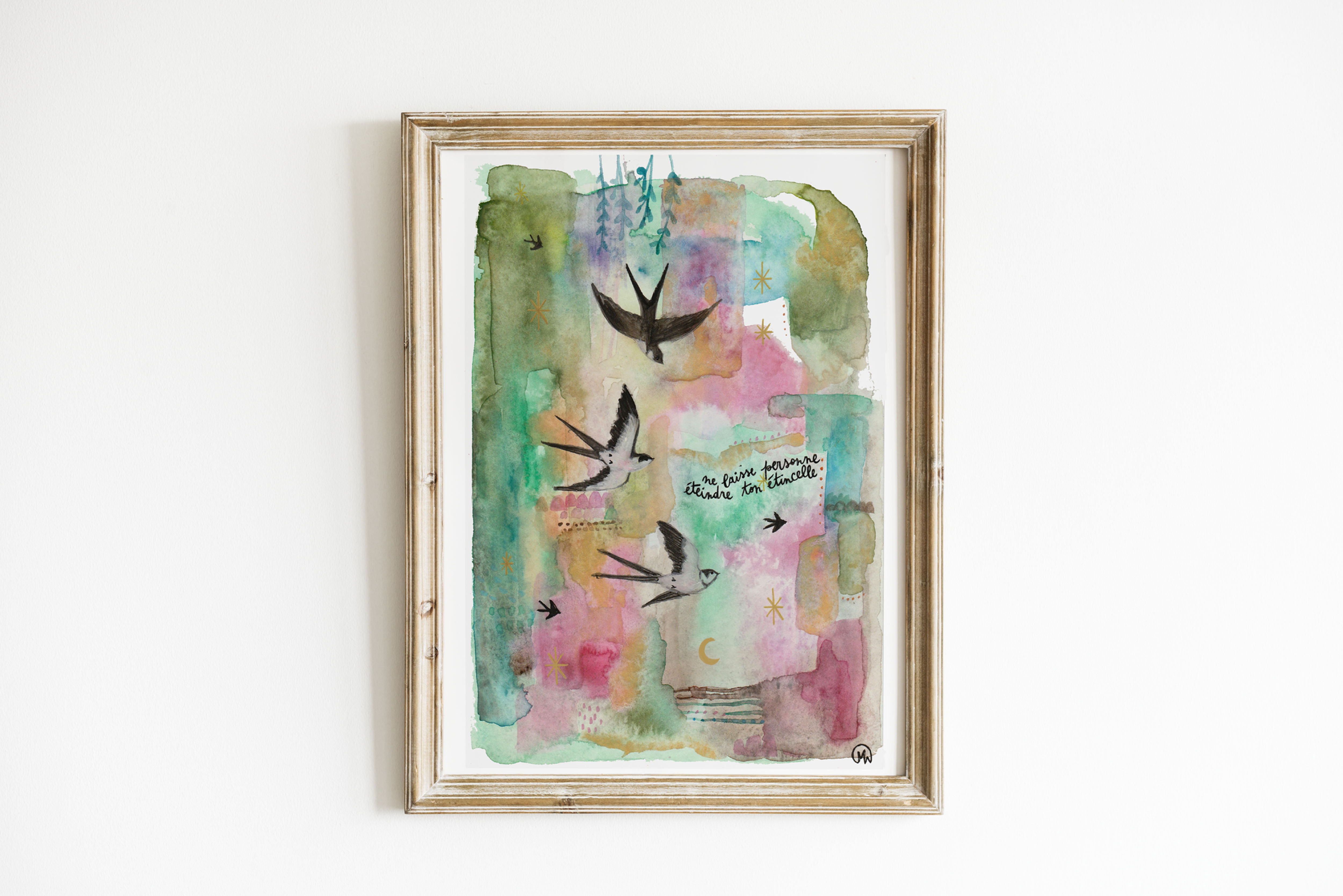 Affiche Reproduction Fine Art "Hirondelles étincelle" avec touches dorées (A4)