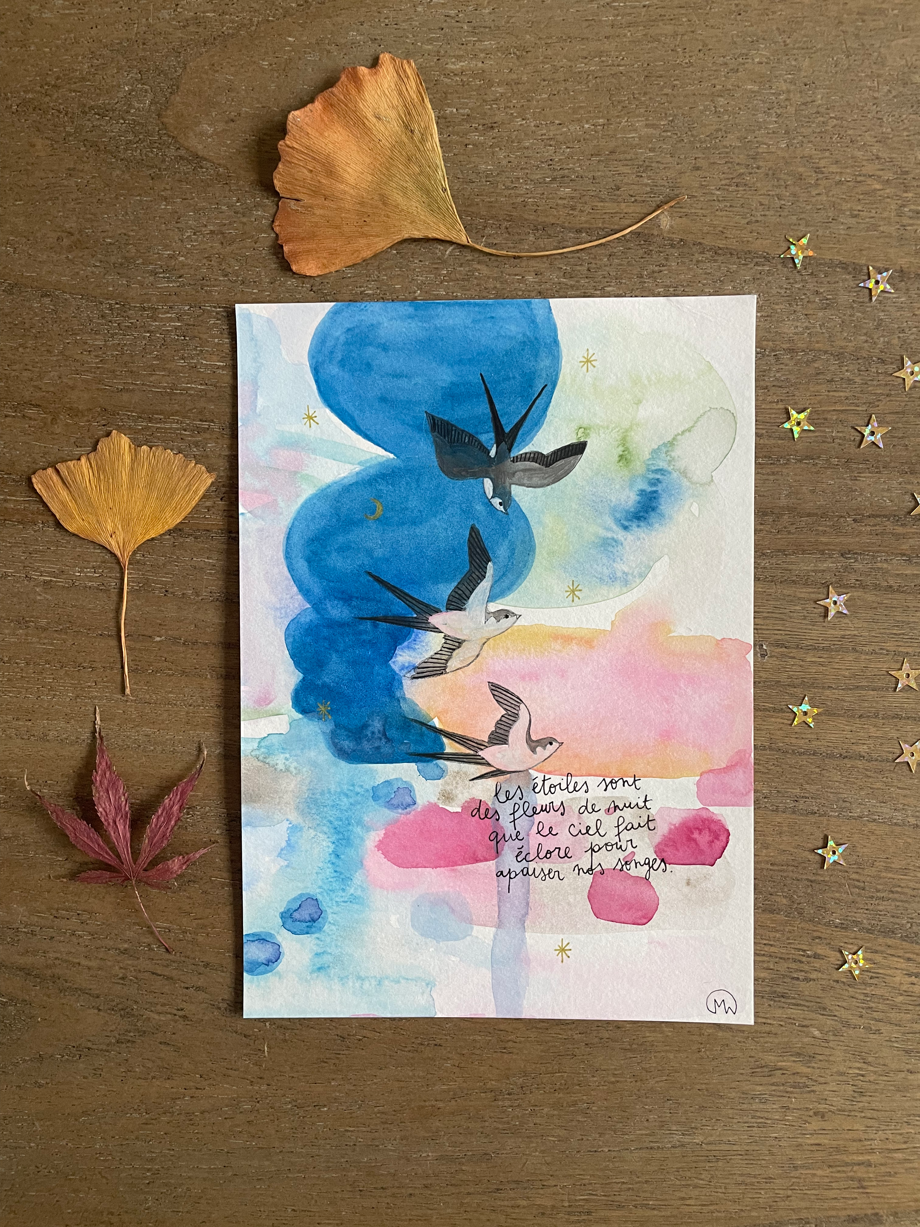 Illustration Originale à l'Aquarelle 'Hirondelles'